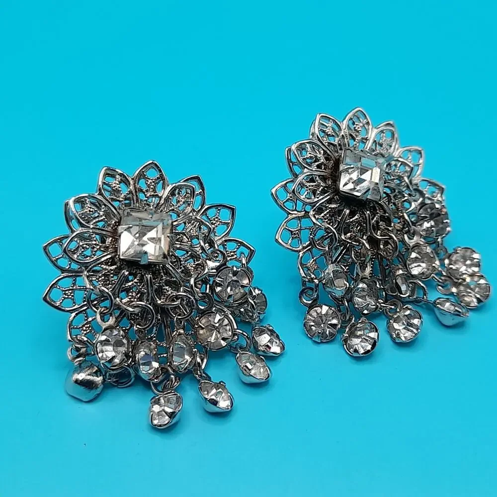 Vintage Waterfall Rhinestone Filigree Clip-On Earrings Tassel Dangle